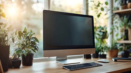 Clean workspace with computer display mockup isolated for web page promotion Window beside enhances productivity in a minimalist office setting : Generative AI