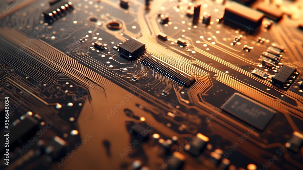 Poster macro photography of a complex circuit board showcasing the intricate design and detailed integrated