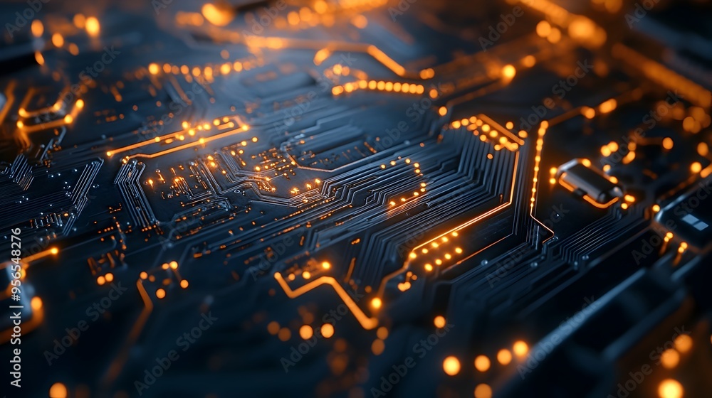 Poster macro photography of a flexible circuit board featuring intricate wiring and connections creating a 