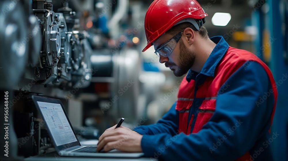 Fototapete Engineer foreman thinking and working with computer laptop connecting to controlling machine at the manufacturing factory Technician maintenance system or developing machinery : Generative AI