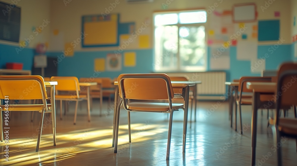 Poster empty school classroom with desks and chairs : generative ai