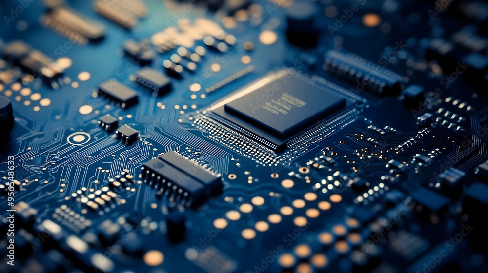 Poster macro photography showcasing the intricate patterns and circuits on the surface of a semiconductor w
