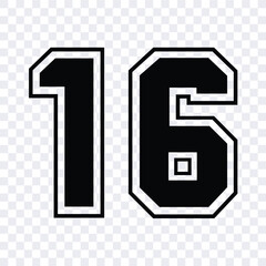 Sketch numbers for cutting or print.
Sport jersey number 16 vector black color template isolated.