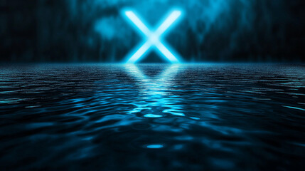 A glowing "X" sign in cool blue, reflecting off a rippling water surface, symbolizing the fluid and ever-changing nature of social interaction online.