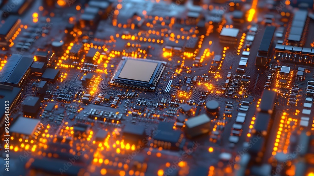 Poster captivating macro shot of a microchip highlighting the intricate web of connections and silicon comp