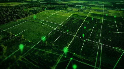 A top-down view of rural farmland, with vibrant green markers highlighting specific land plots, connected by yellow lines to show boundaries and property divisions.