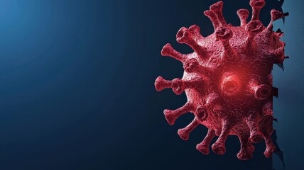 A detailed representation of a virus showcasing its complex structure against a dark backdrop, highlighting its features.