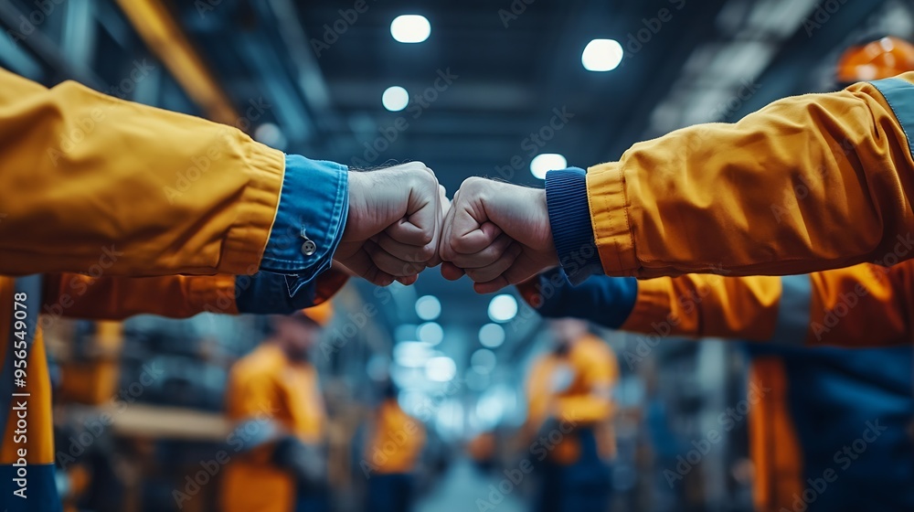 Fototapete group of industrial factory workers bumping fists togethershowing gesture for teamwork or unity : ge