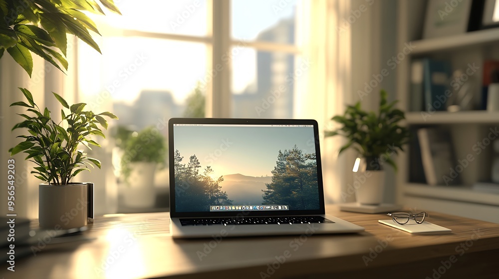 Poster laptop on a desk in a home office with beautiful window light : Generative AI