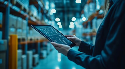 Worker using tablet PC and statistical data Inventory control Warehouse management systems : Generative AI
