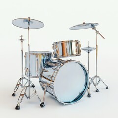 Cute Pastel Silver Drum Set - Minimalist 3D Render on White Background
