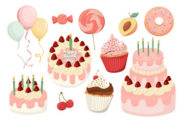 Birthday png sticker, cute illustration, transparent background set