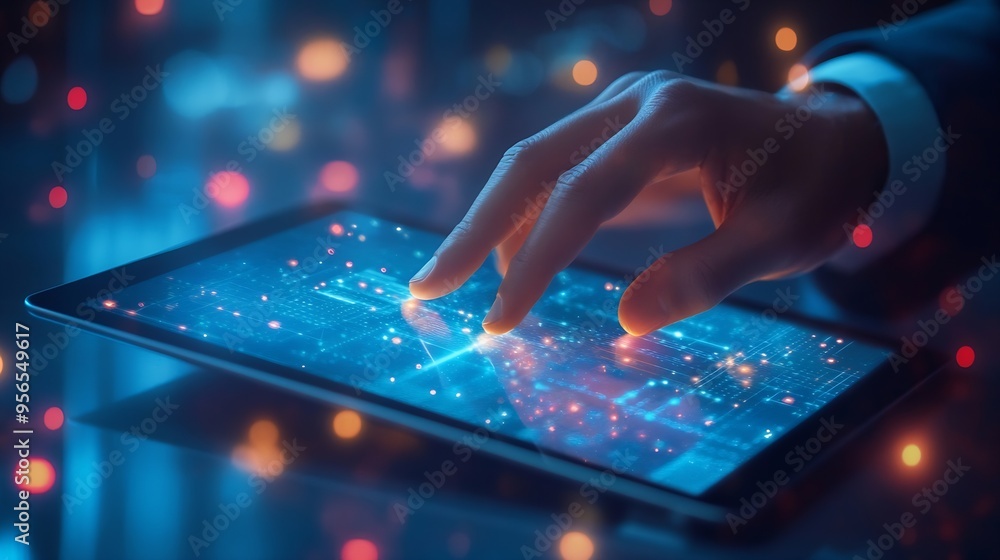 Poster Hands of businessman using tablet computer with smart industry control over dark blue background Concept of internet of things and hi tech : Generative AI