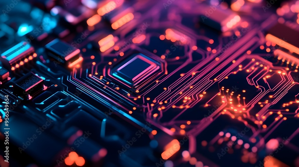 Poster macro photography showcasing the complex and intricate pathways of semiconductor circuits highlighti