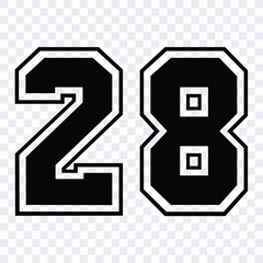 Sketch numbers for cutting or print.
Sport jersey number 28 vector black color template isolated.