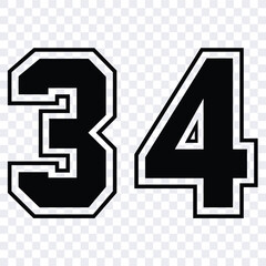 Sketch numbers for cutting or print.
Sport jersey number 34 vector black color template isolated.