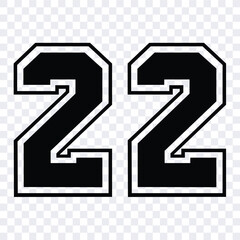 Sketch numbers for cutting or print.
Sport jersey number 22 vector black color template isolated.