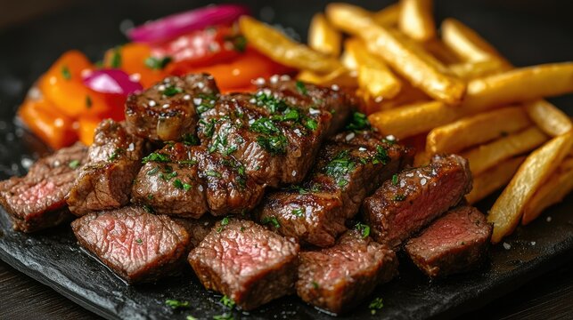 Peruvian lomo saltado with beef and fries on a white background
