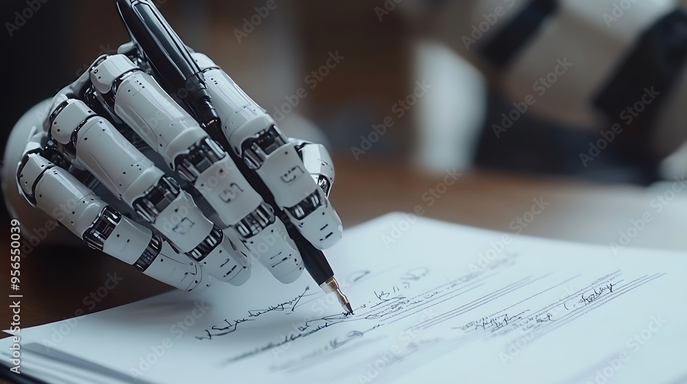 Aufkleber Future innovative concept of efficient and fair justice system with closeup robotic hand signing legal document as artificial intelligence in transparent judicial proceedings by AI jud : Generative AI