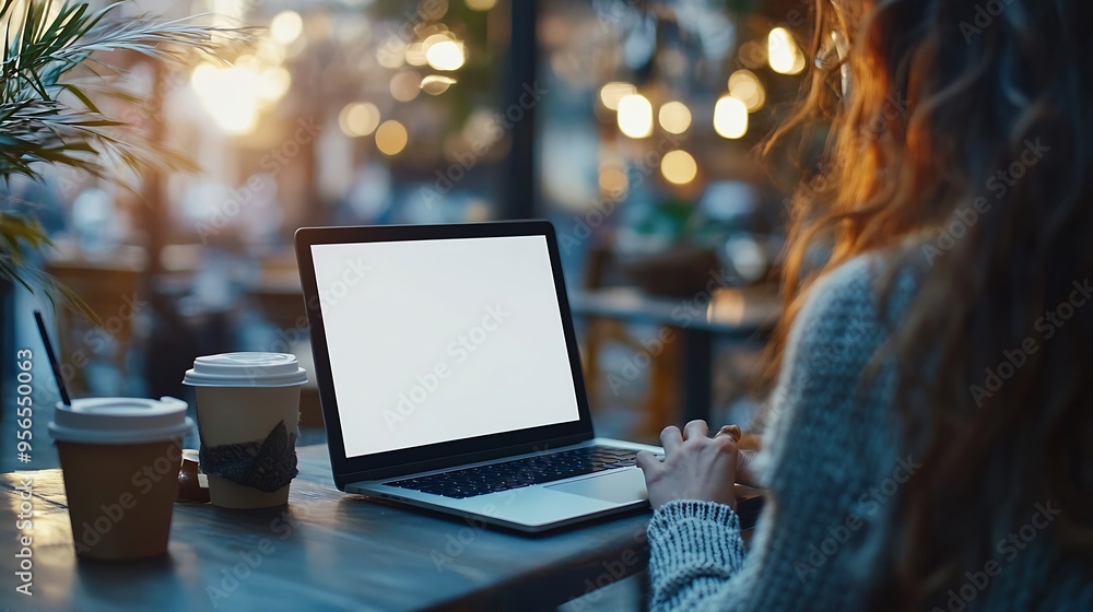 Poster Mockup image of a woman working on laptop computer with blank white desktop screen while drinking coffee in cafe : Generative AI
