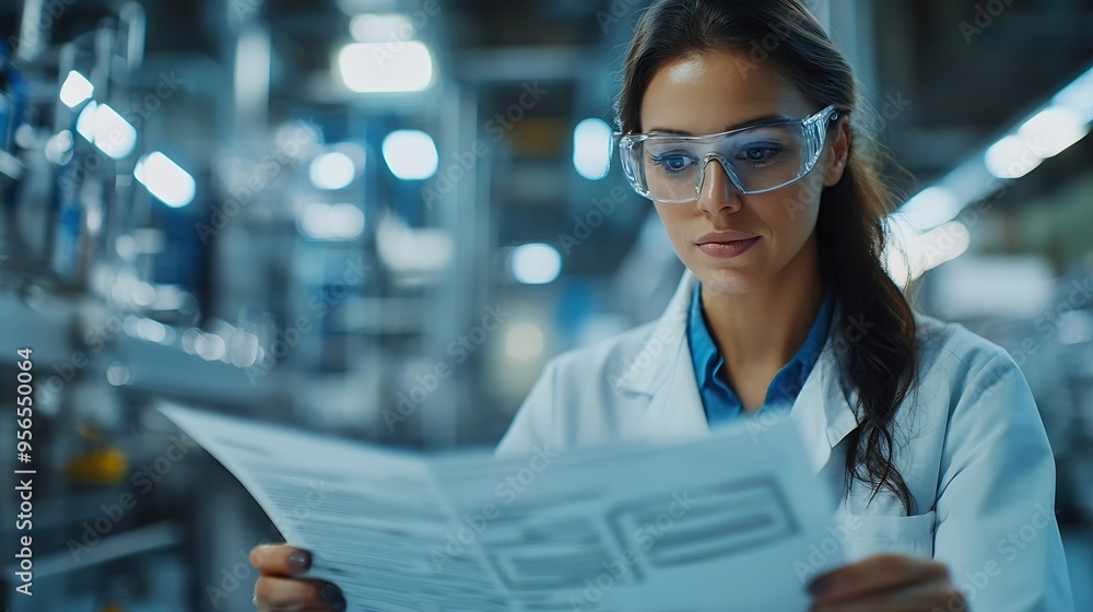 Poster Female engineer reading technical documentation with project manager in modern industrial factory talking about new production project investment Team management in manufacturing facil : Generative AI