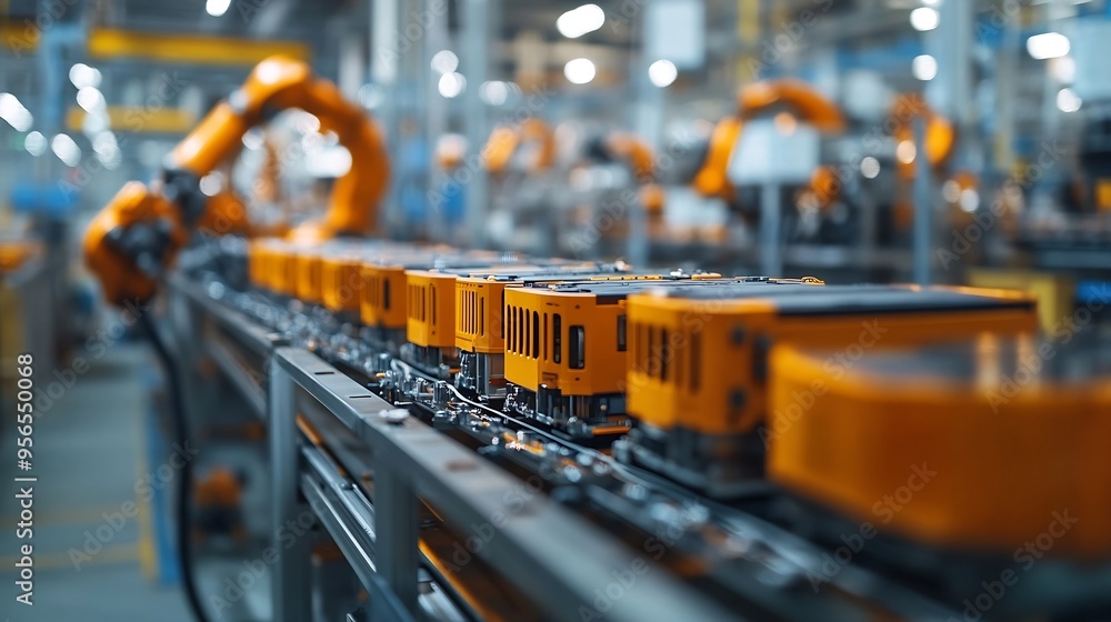 Poster LithiumIon EV Battery Pack Assembly Process Electric Car Manufacturing Inside Automotive Factory Row of Industrial Robotic Arms at Automated Production Line at Bright Modern Factory : Generative AI