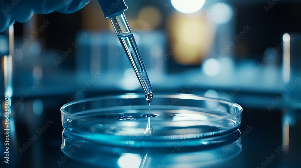 Poster scientist dripping liquid from pipette into petri dish in laboratory closeup : generative ai