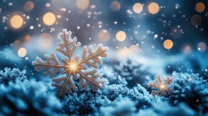 Fototapeta premium Christmas-themed snowflakes fluttering softly, creating a peaceful winter scene.