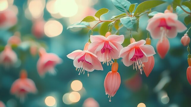 Selective focus of Fuchsia magellanica White pink flower in the garden Hummingbird fuchsia or hardy fuchsia is a species of flowering plant in the family Evening Primrose family Floral : Generative AI