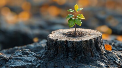 Obraz premium A young tree emerging from an old stump symbolizes growth and resilience, suitable for business sustainability campaigns and environmental initiatives.