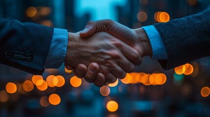 Close-up of a business handshake symbolizing agreement in a bustling city environment, ideal for corporate promotions or partnership announcements.