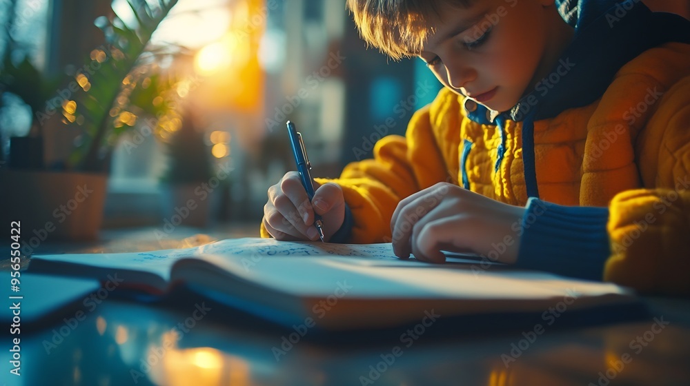 Aufkleber Closeup cropped shot of unrecognizable pupil boy studying at home writing in exercise book doing homework learning sitting at table Selective focus of schoolboy doing homework reading  : Generative AI