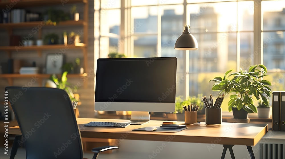 Poster lamp hanging over computers on desk with chair in home office at contemporary apartment with bright 