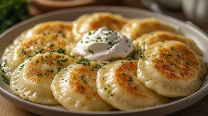 Polish pierogi dumplings with sour cream on a white background