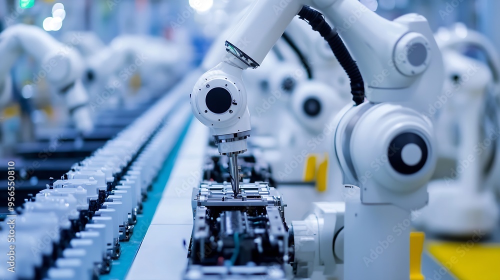 Aufkleber row of white robotic arms at modern factory lithiumion ev battery pack production at automated assem