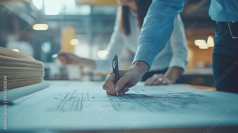 Poster Engineer Teamwork Meeting Drawing working on blueprint meeting for project working with partner on model building at company office Asian industry professional team : Generative AI