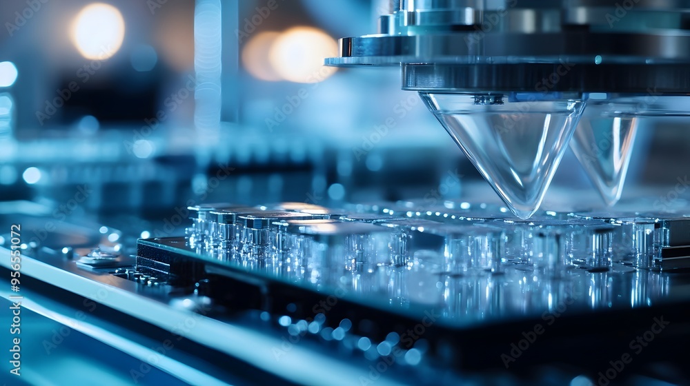 Poster precision macro photography capturing semiconductor components in cleanroom environment pristine ste