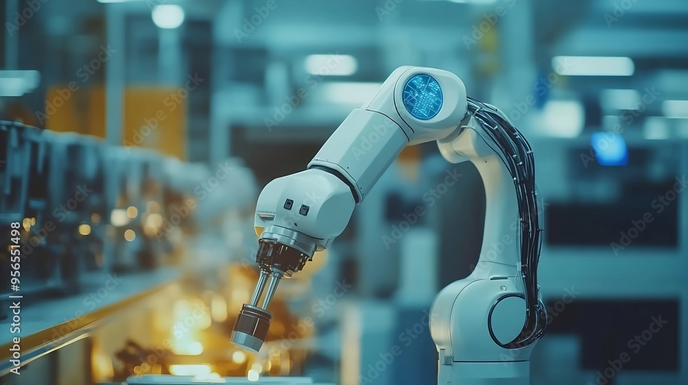 Fototapete Industry 40 Engineer use monitoring system software and record data of ai robotics automatic arms machine working on network in intelligent factory Ai Machine learning Digital manufact : Generative AI