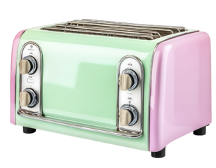 A colorful retro toaster in mint green and pink, perfect for adding a vintage touch to any kitchen countertop.