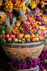 a stunning, hand-woven basket, adorned with traditional brazilian motifs, overflows with fresh fruits and flowers in brazil's festa do divino espã­rito santo, a celebration of the holy spirit