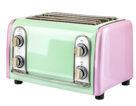 A colorful retro toaster in mint green and pink, perfect for adding a vintage touch to any kitchen countertop.