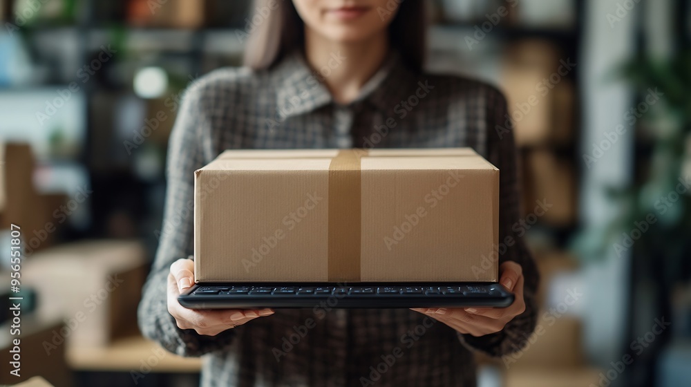 Aufkleber Portrait of a businesswoman holding a box and typing something on a keyboard while preparing package information Postal service and small business concept : Generative AI