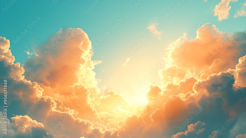Poster beautiful luxury soft gradient orange gold clouds and sunlight on the blue sky perfect for the backg