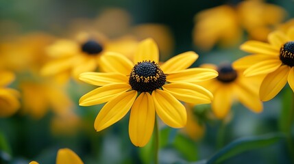 Bright yellow flowers of rudbeckia commonly known as coneflowers or black eyed susans in a sunny summer garden Rudbeckia fulgida or perennial coneflower blossoming outdoors Rudbeckia h : Generative AI