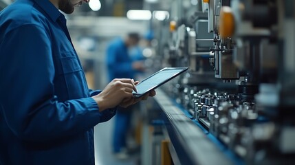 Obraz premium Worker with digital tablet examining machinery in factory : Generative AI