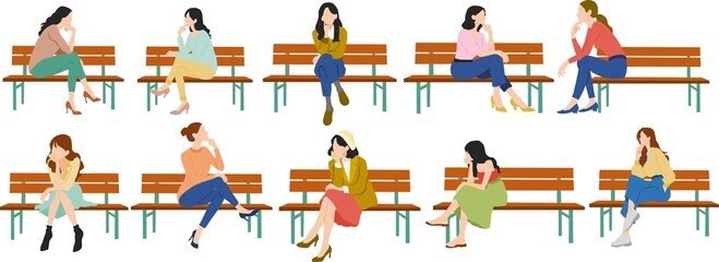 考え事をする女性のイラストセット(ベンチ)