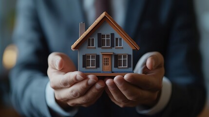 Real estate agents offer contracts to buy or rent housing Businessman holding model small building house with property insurance at table in home sales office : Generative AI