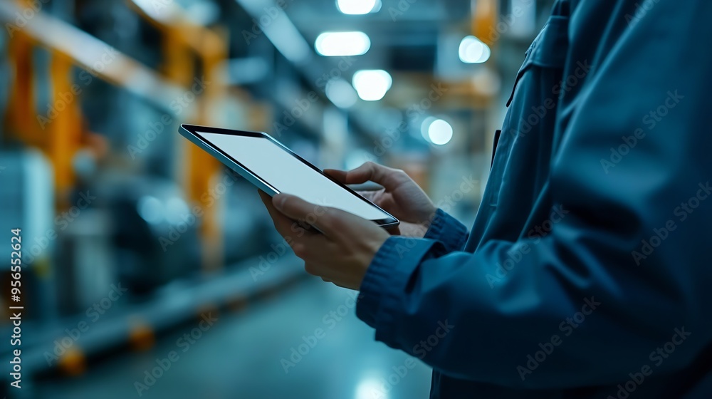 Poster Smart industry control conceptHands holding tablet on blurred automation machine as background : Generative AI