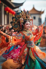 a traditional chinese performance with dancers in colorful costumes and a backdrop of historic...