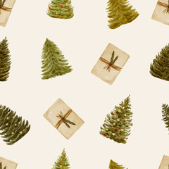 Watercolor Winter Seamless Pattern with Christmas Tree and Gift. 